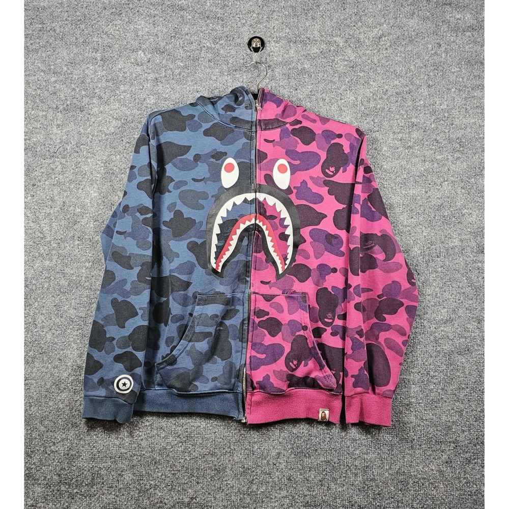 A Bathing Ape Bape Split Camo Double Shark Full Zip Hoodie Size L Blue/Pink Flaw